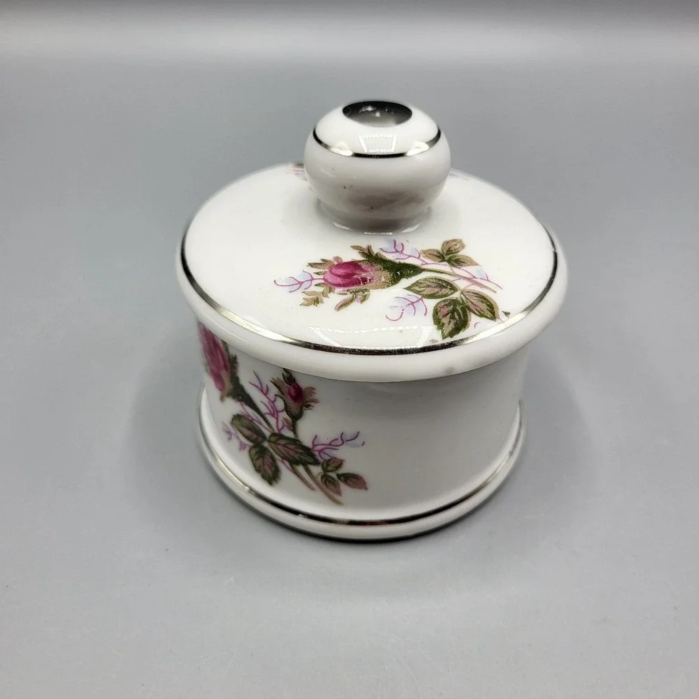 Vintage Porcelain Vanity Trinket Powder Jar Bowl With Lid Pink Rose Silver Trim